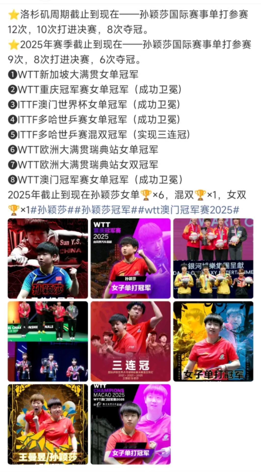 惊叹！孙颖莎只差一块奥运金牌！
这战绩，根本见不到低谷时刻，冠军亚军都是争光的莎