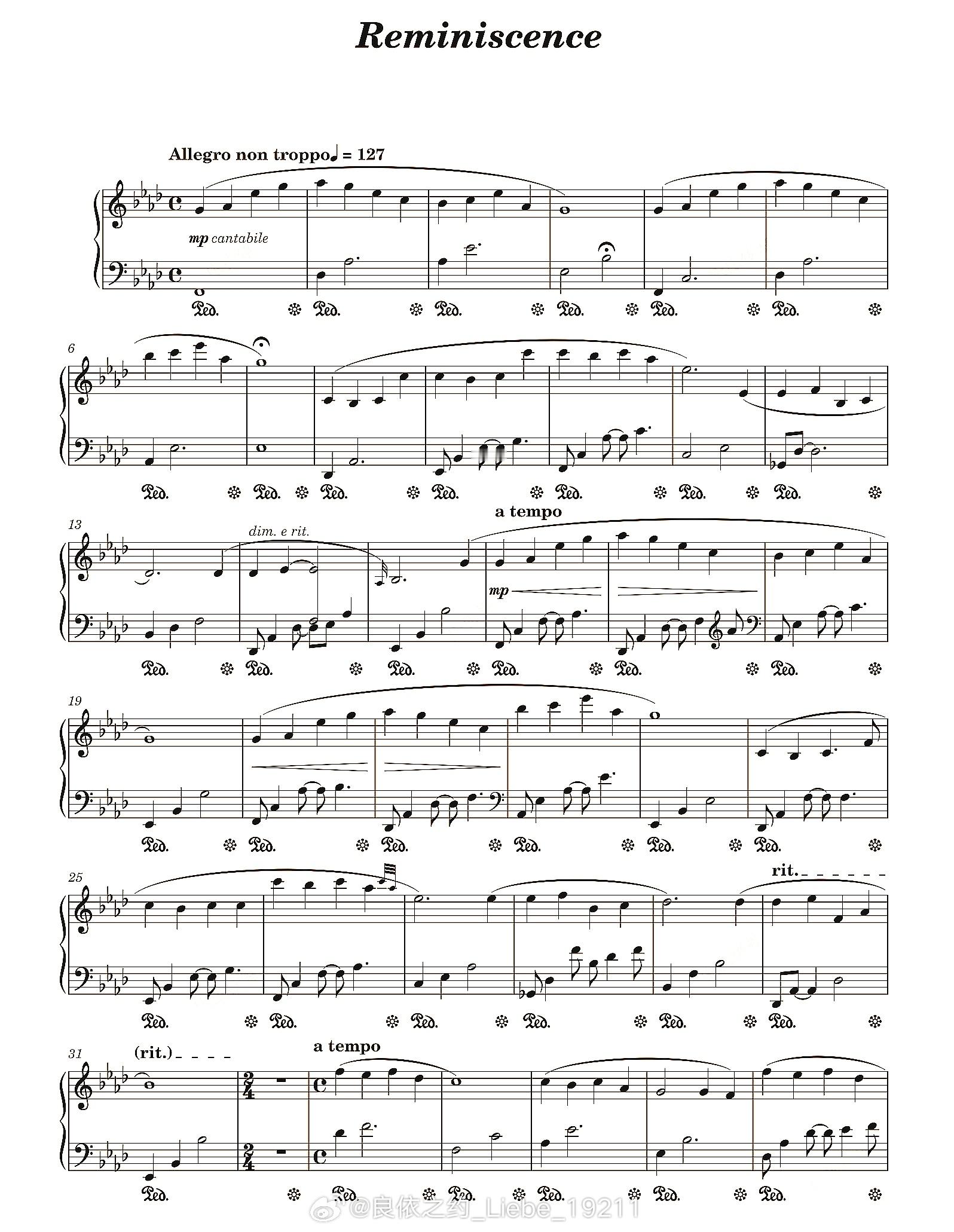 钢琴谱：《Reminiscence》Johannes Bornlöf；钢琴 钢琴