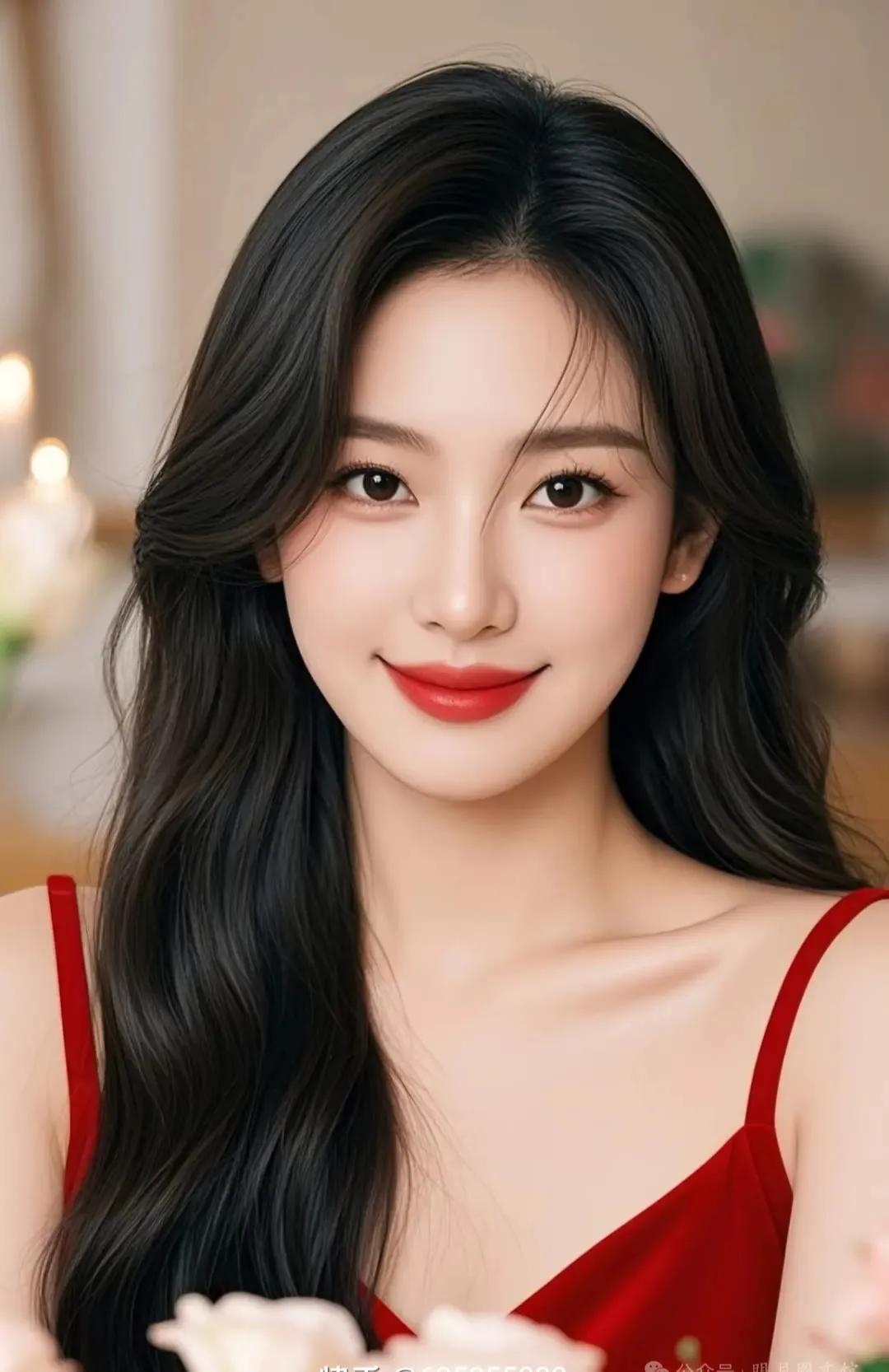 甜美笑容，红唇诱惑，黑发飘逸，气质动人