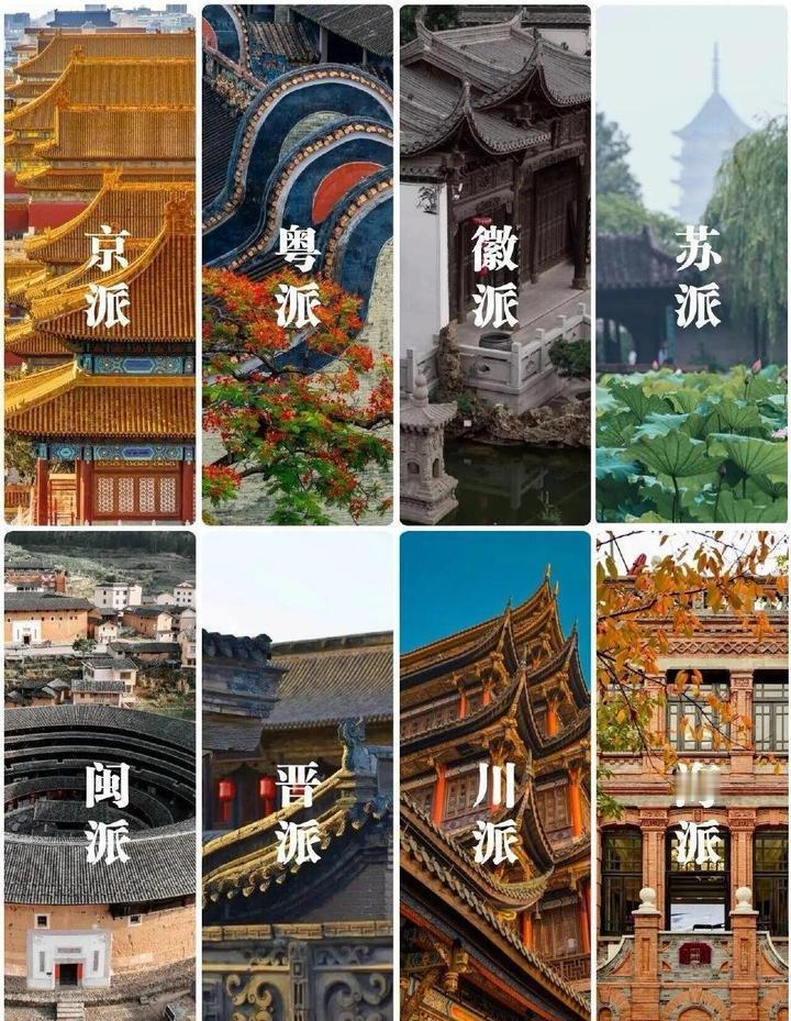 中国建筑的八大派系：

1、京派：对称严格，磅礴庄严。
2、粤派：塑形雕器，贵雅