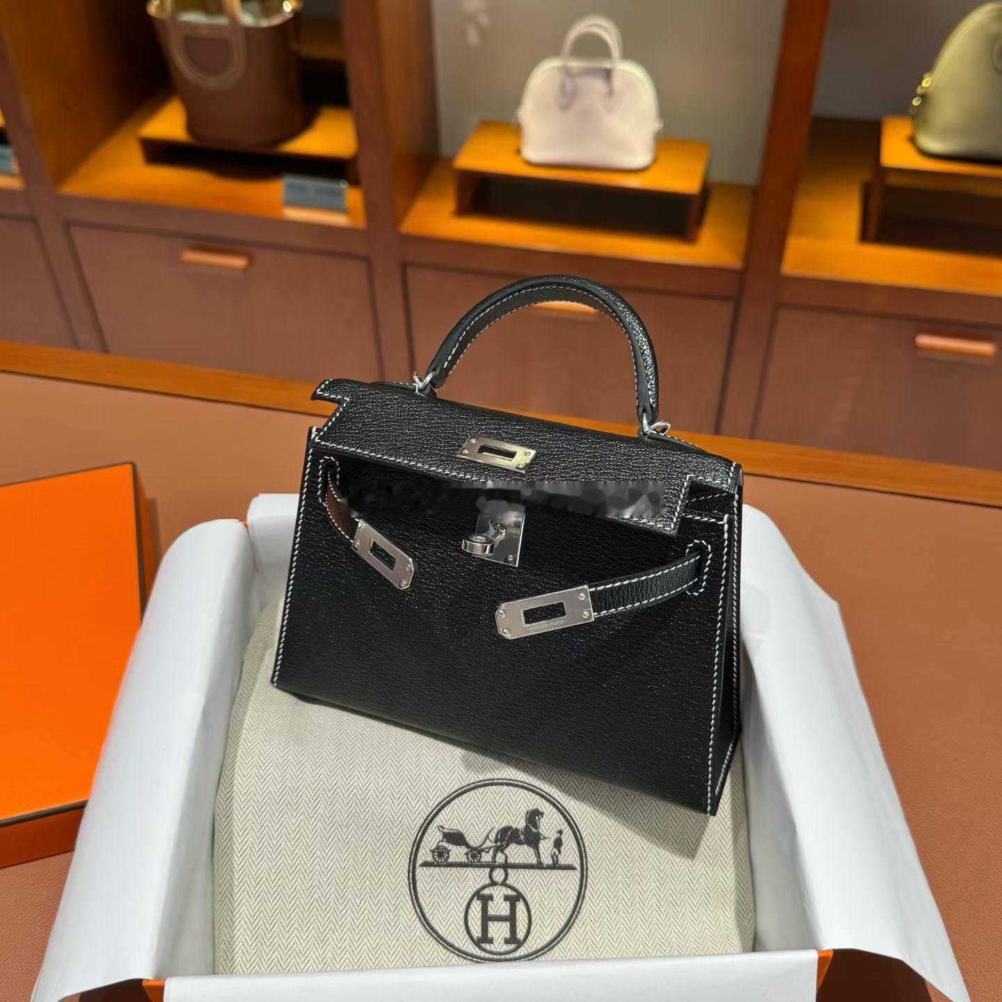 mini Kelly2代 山羊 黑色内拼珍珠灰 银扣爱马仕hermes