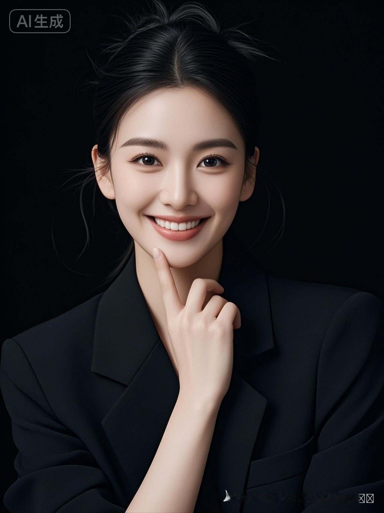 优雅黑衣少女，微笑动人，AI生成，梦幻般的美！