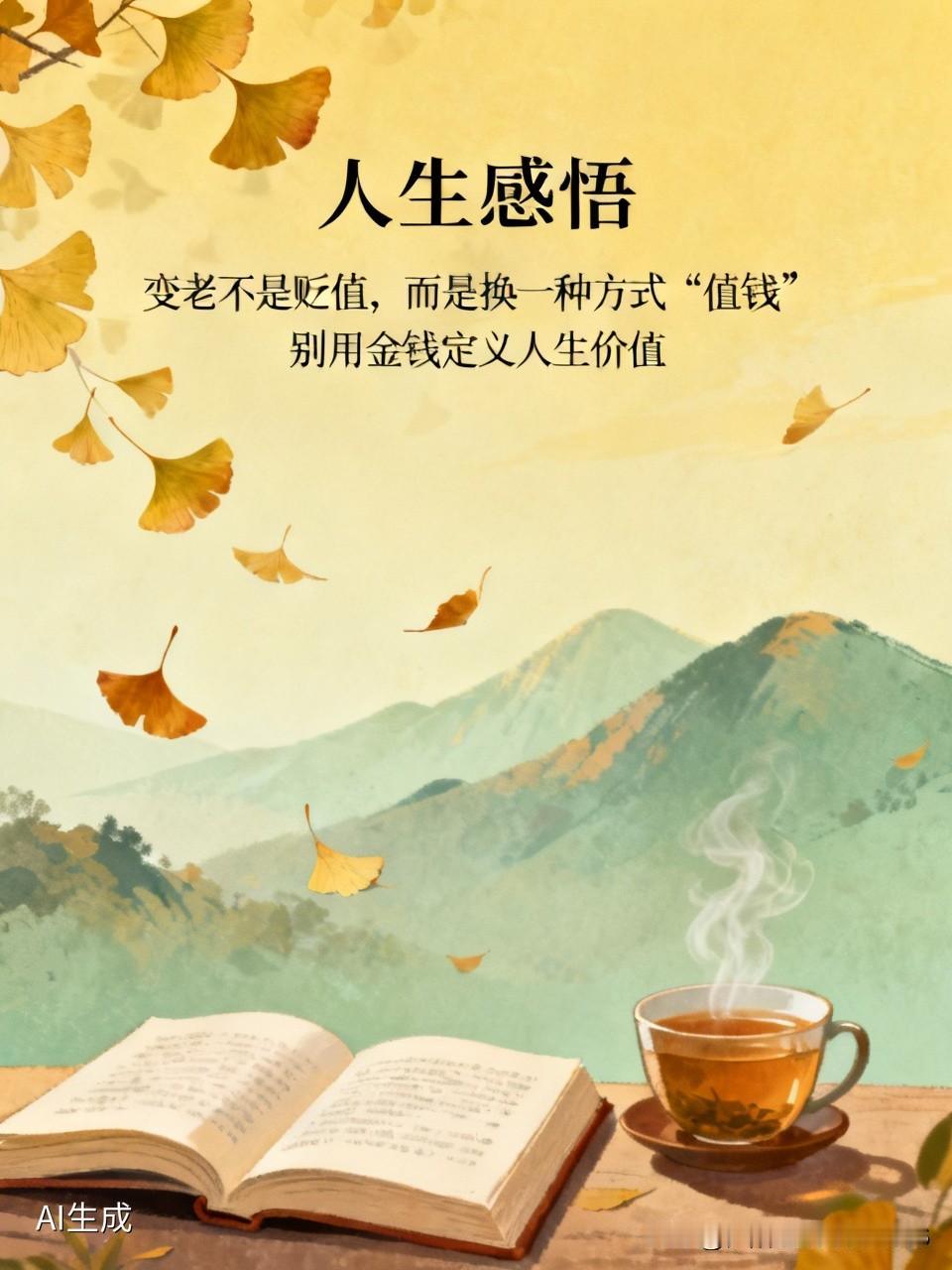 人生感悟
变老不是贬值，而是换一种方式"值钱″。
一，别用金钱定义人生价值。人活