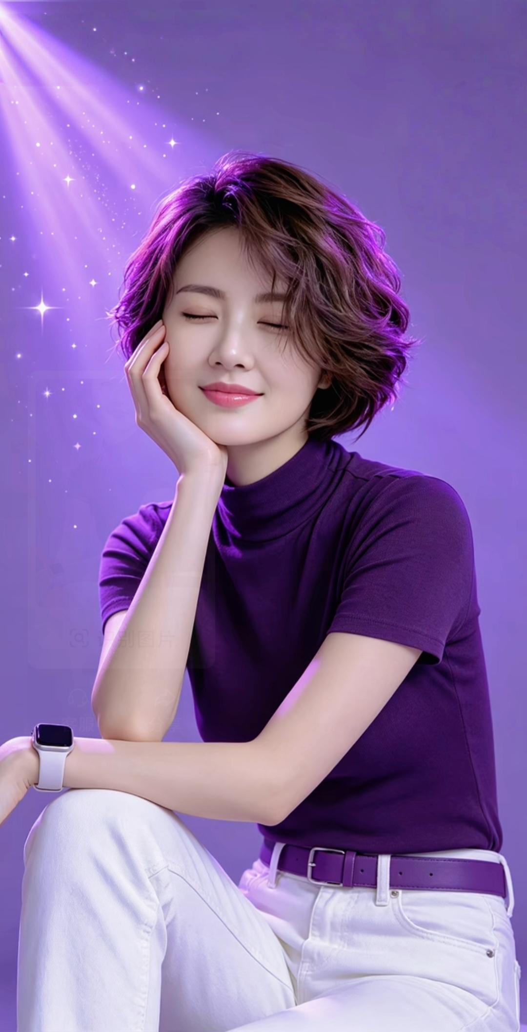 紫衣美人倚，星光映笑颜。