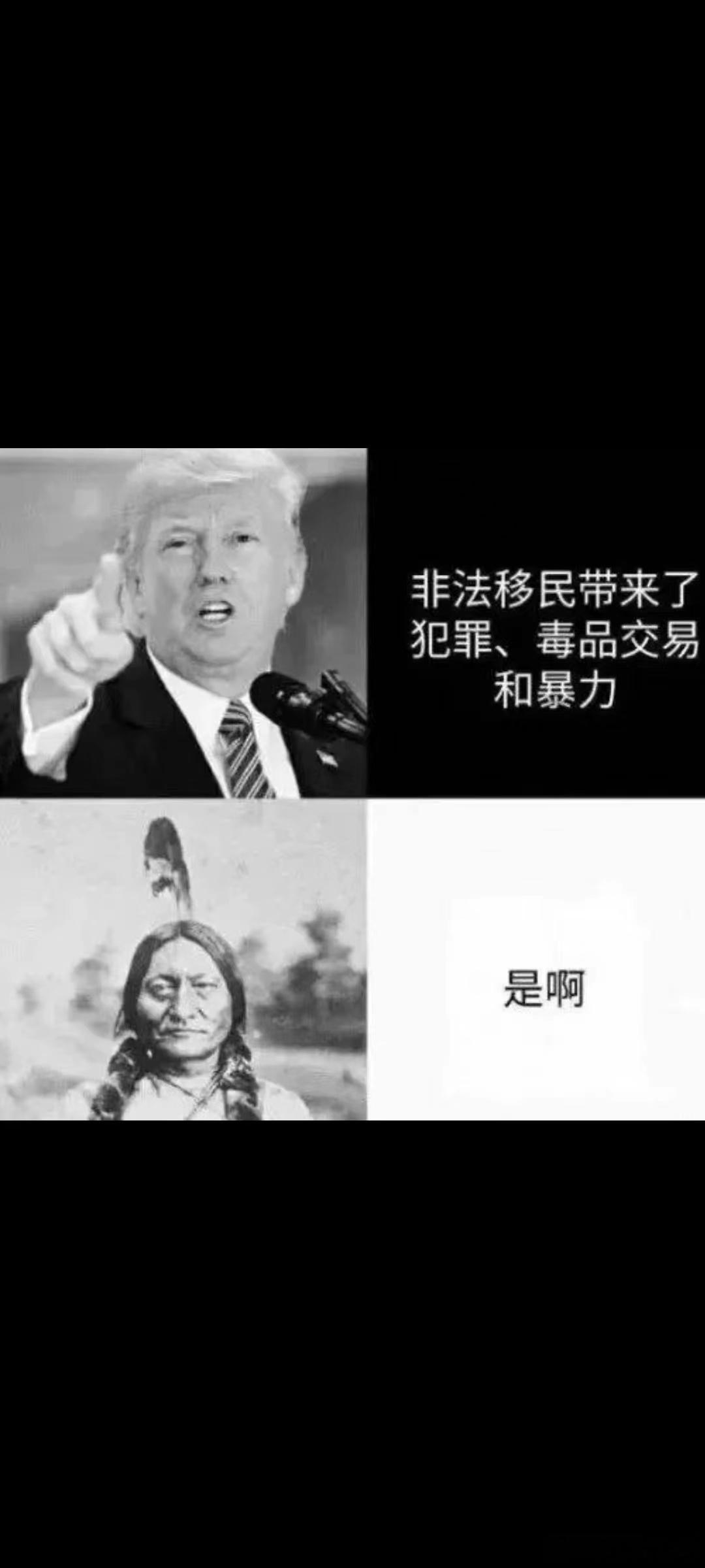 特朗普:非法移民带来了犯罪、毒品交易和暴力。美国原住民:可不嘛，当年你们欧洲移民