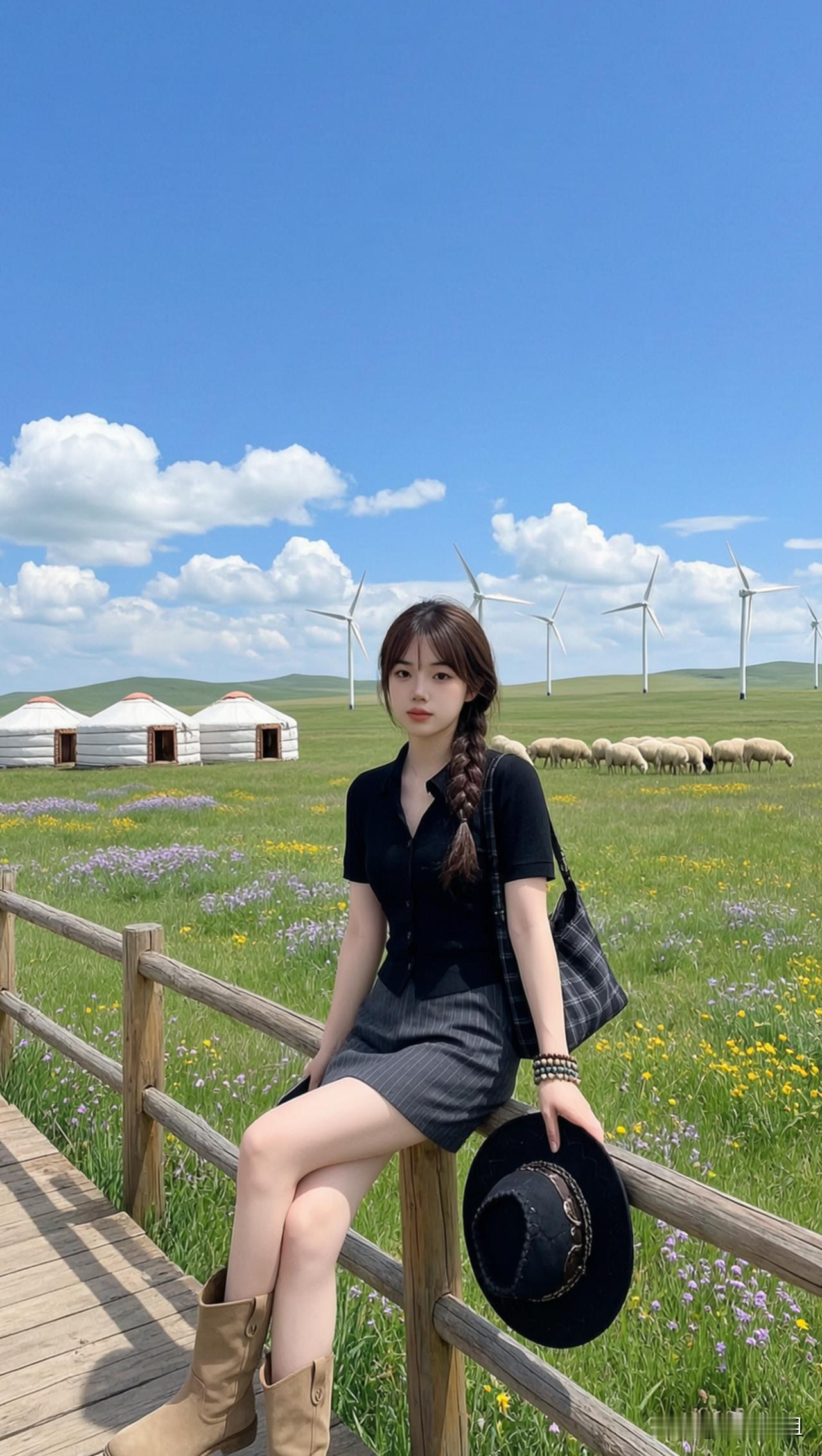 草原上的时尚女孩，风车与羊群相伴，自由自在！🌿🐑👗