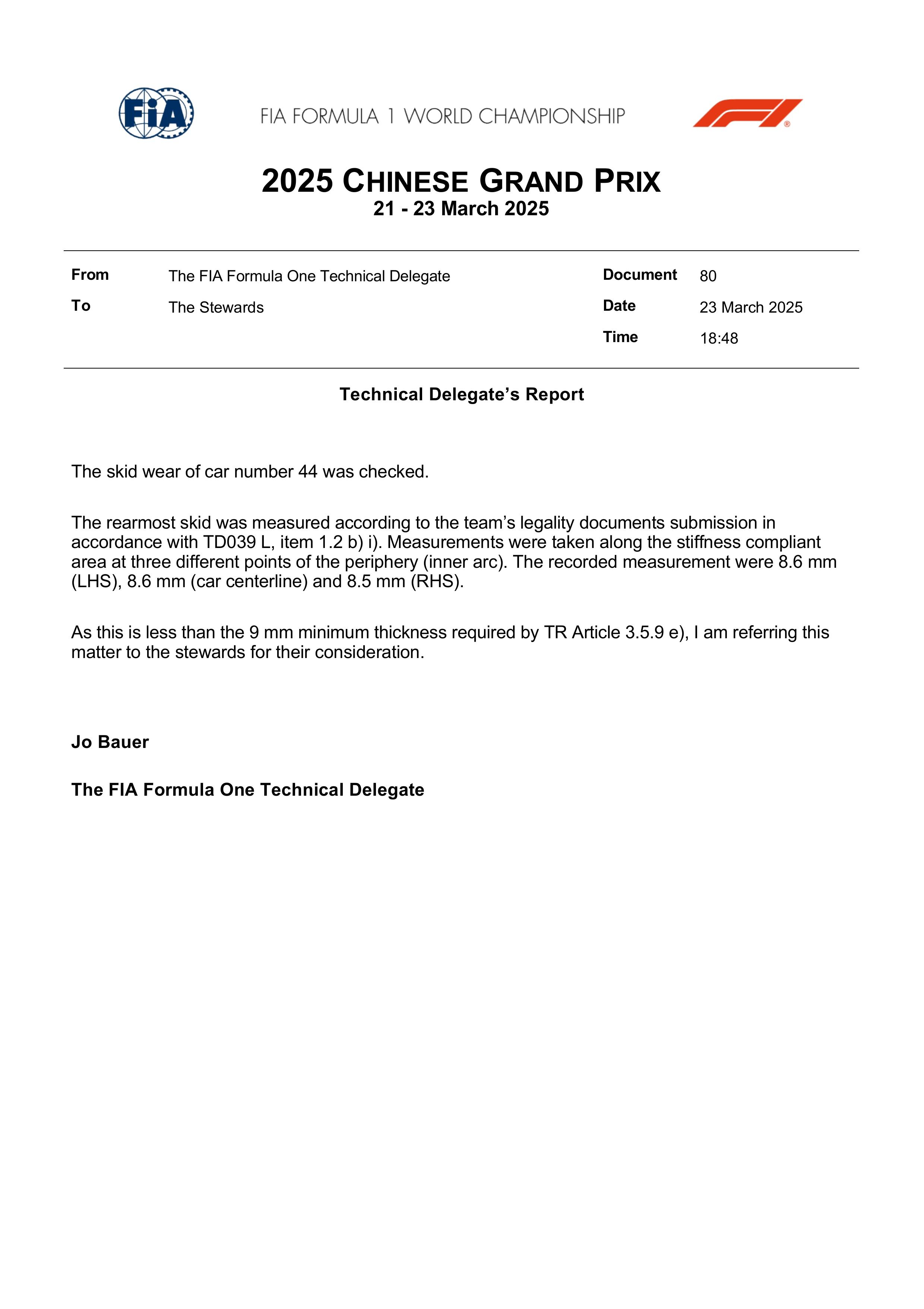 F1 汉密尔顿的赛车底板下方木板磨损过度，在赛后车间中没有达标，可能被取消成绩。