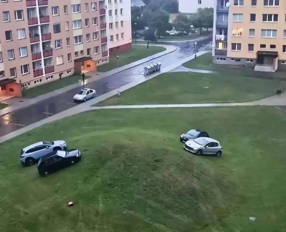 这可太机智了，在雨水还没淹没之前提前将车开上了草坪，避免了被水浸泡。像这种有小坡