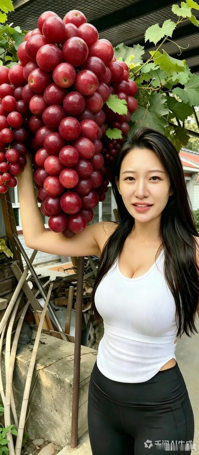 妹子抱着一串大红葡萄，The grapes in this year's vin