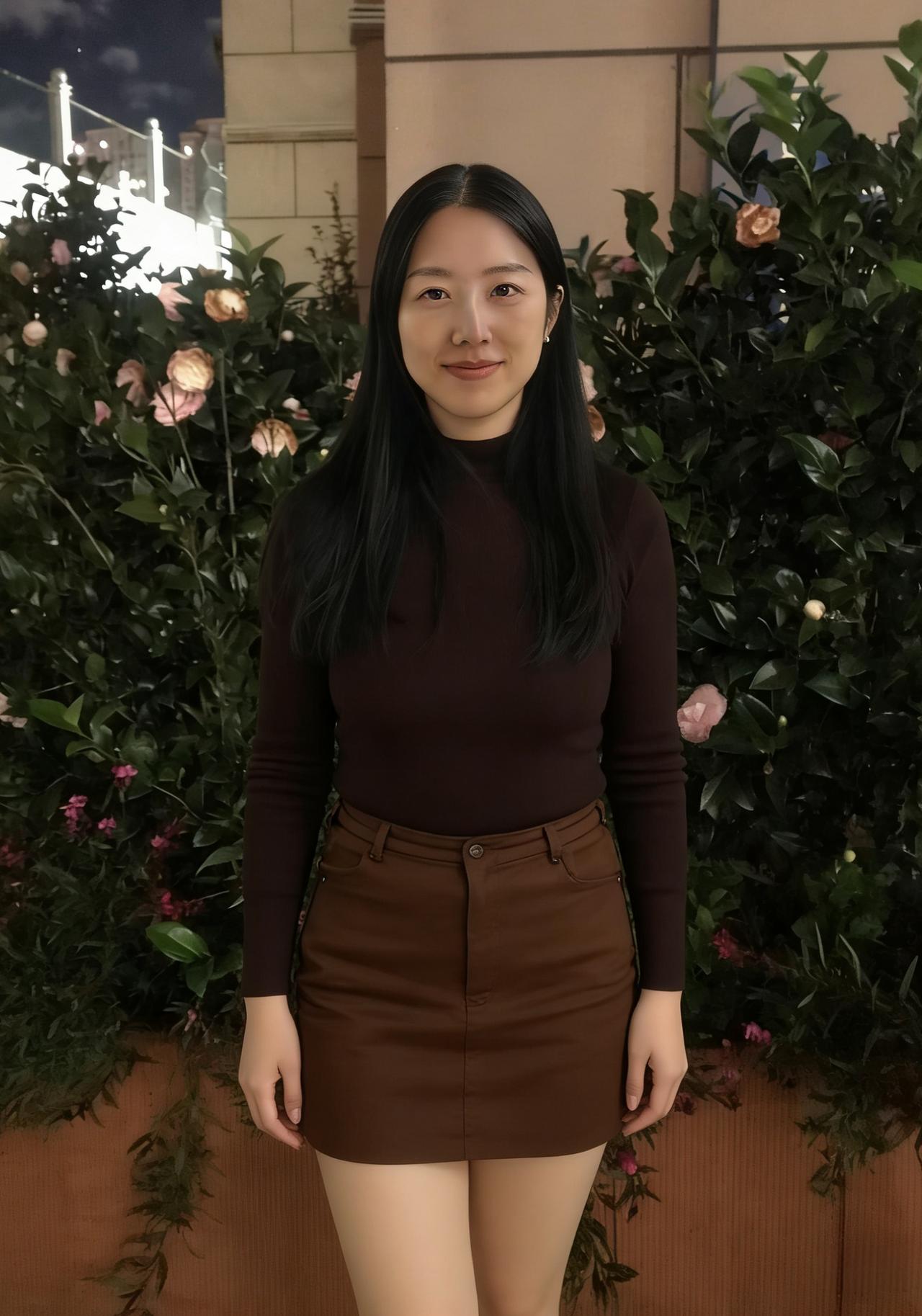 棕裙棕袂立花丛，夜色溶溶映玉容。
一笑嫣然惊夜鸟，暗香吹过小桥东。