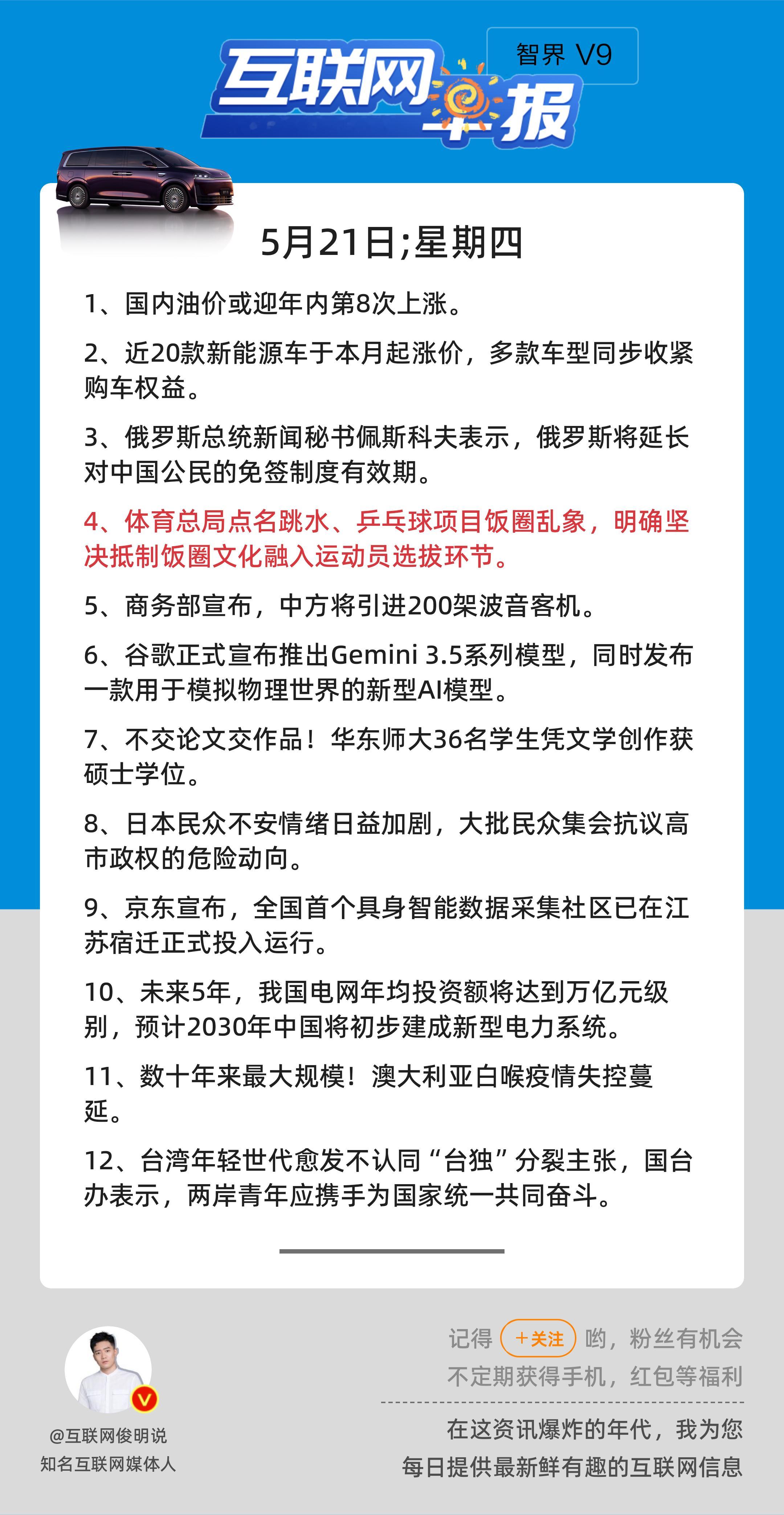 5月21日，星期四，《第3145期》；互联网早报，众览天下事关心第4条：体育总局