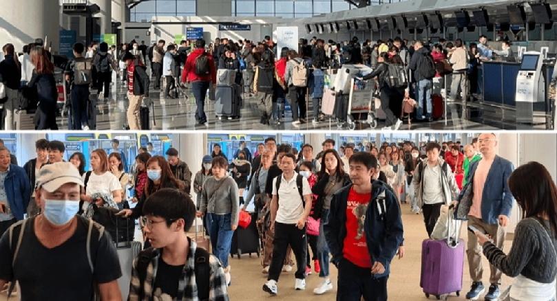 临近农历新年，香港市民前往外地旅游，不少航空公司柜台前都排起了等待办理登机手续的