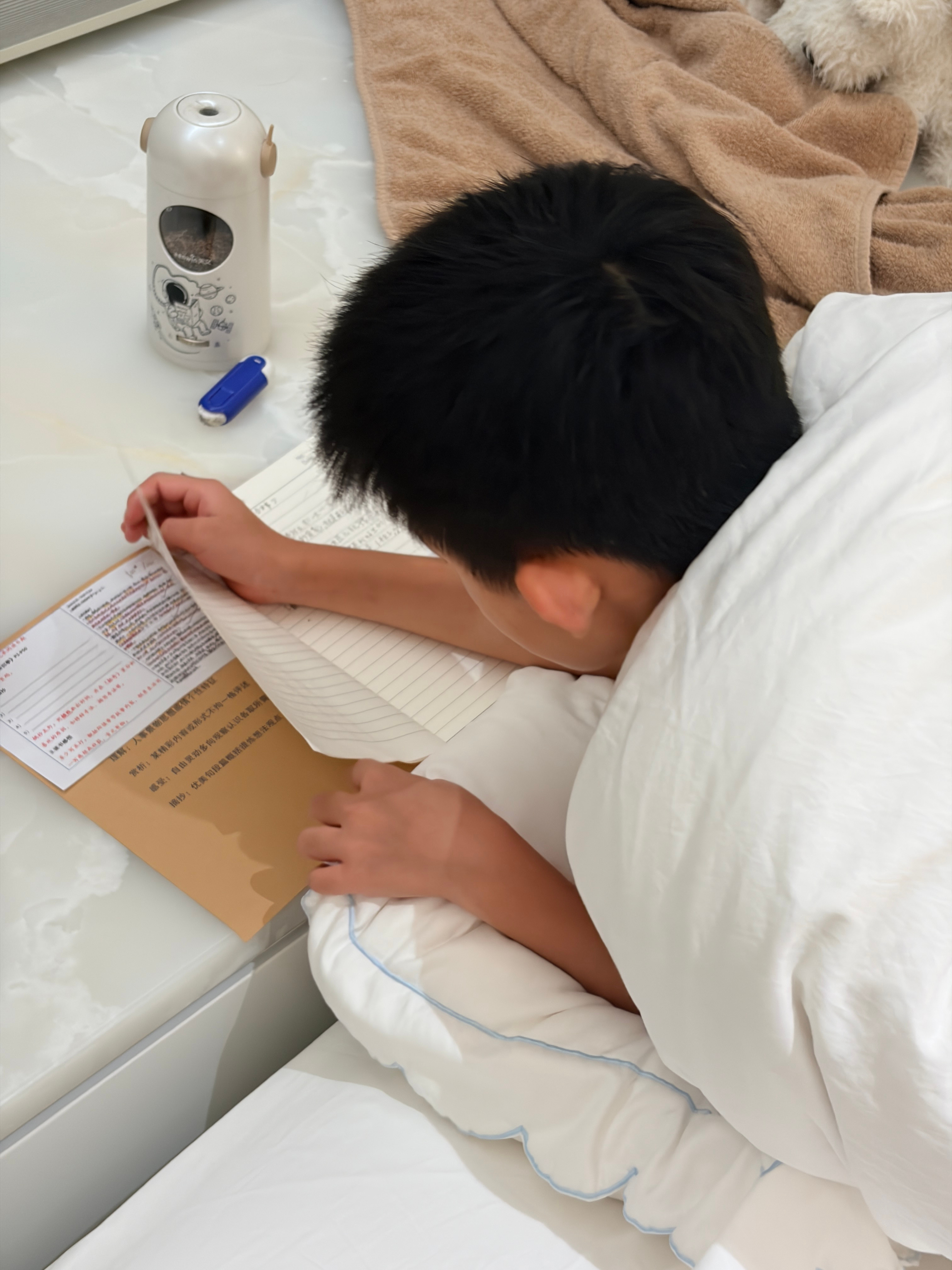 这两天玩爽了，现在在赶作业，我说早点睡吧，他说没做完要全班点名批评，继续做吧 深