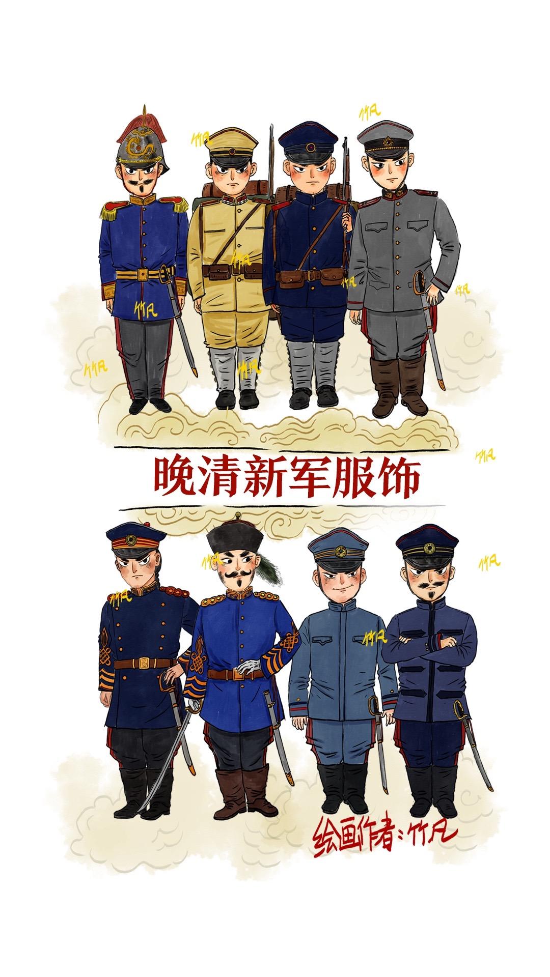 晚清新军服饰手稿。绘制内容为甲午战争后，晚清政府的一次革新，服饰进行了...