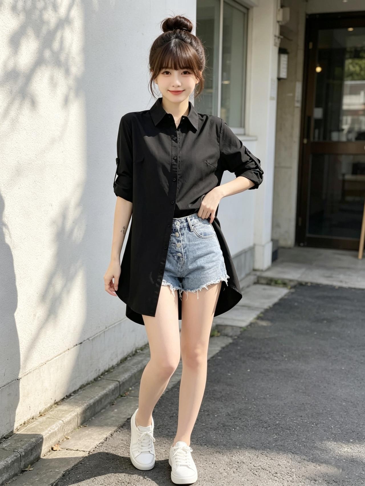 一个女孩穿着黑色衬衫和牛仔短裤，靠在墙边。气质穿搭怎么穿才恰到好处? 高级感穿搭