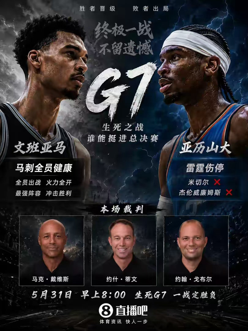 NBA西决G7裁判公布NBA西部决赛G7，马刺将于明早8点客场挑战雷霆。赛前，N