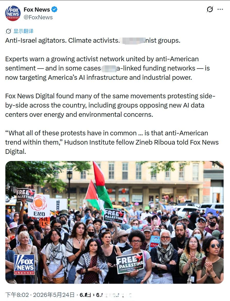 福克斯新闻发文，指责⏰️组织大量反以色列人士、环保主义者与红色团体破坏美国的AI