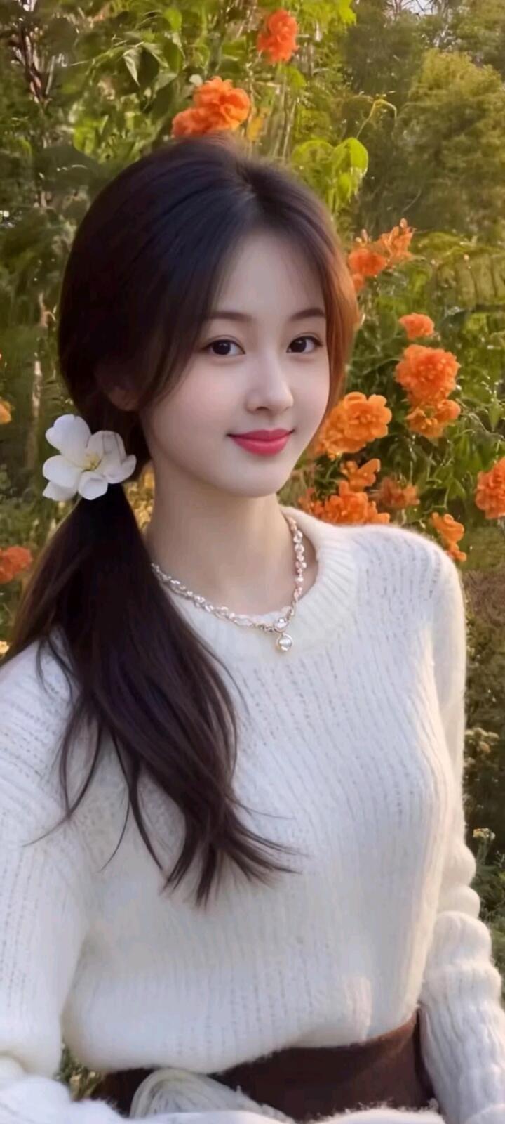 秋日暖阳下的甜美少女，花海中绽放如花般灿烂的笑容。