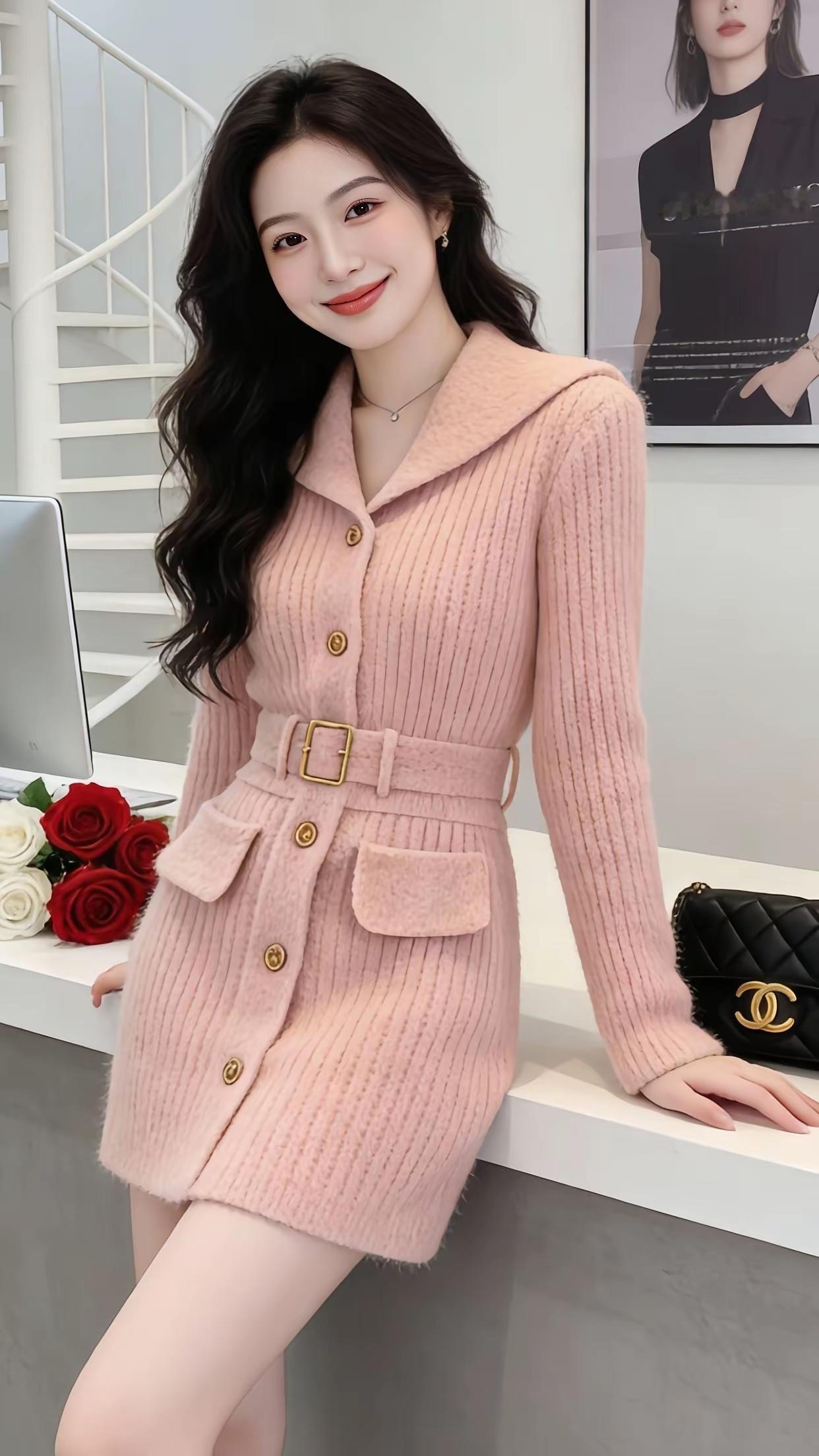 温柔粉色毛衣裙，搭配金色腰带，尽显优雅气质！