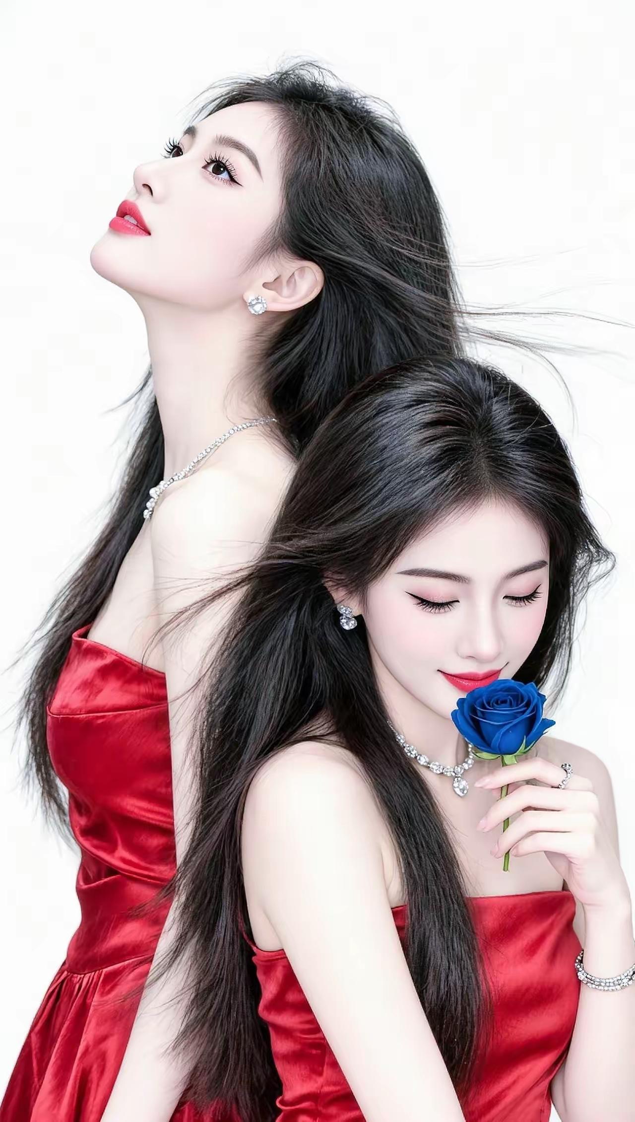 优雅红裙，蓝玫瑰相伴，梦幻双生美少女。
