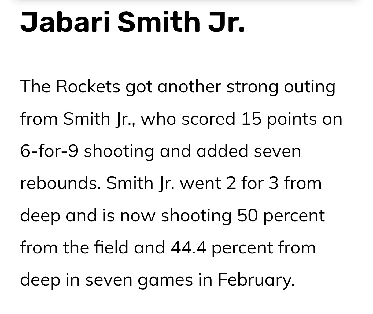贾巴里二月7场比赛场命中率50％，三分命中率44.4％休斯顿火箭