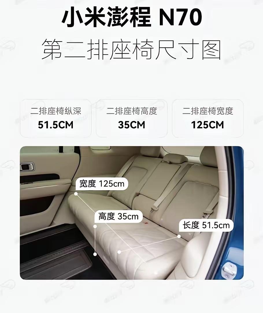 关于小米n70  小米澎程N70，此前提及的125cm指的是后排坐垫有效宽度，并