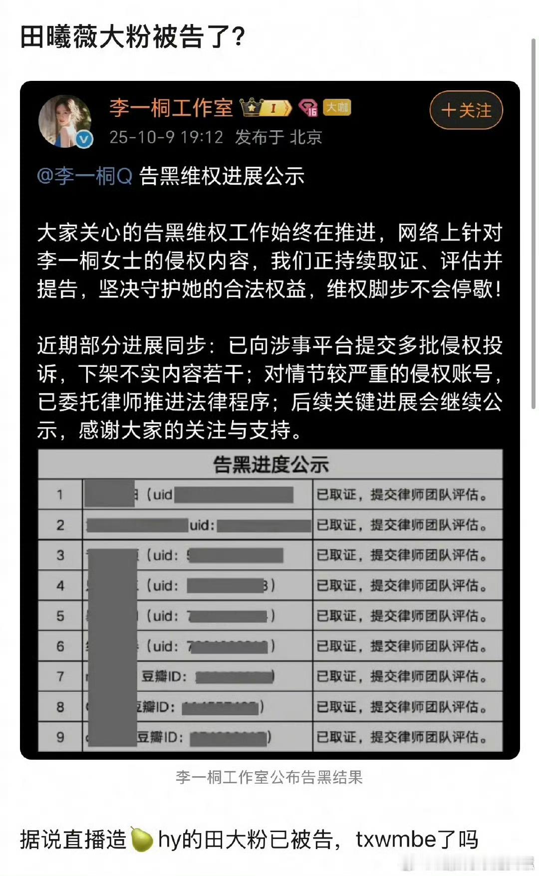 李一桐全平台告了一批田曦薇的粉丝，桐心薇泯这下是be了，闹这么大 ​​​
