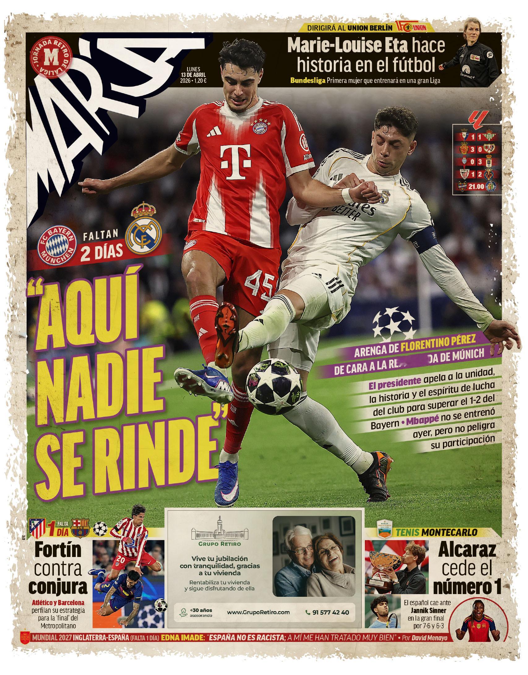 皇马 《马卡》弗洛伦蒂诺发表演讲:“这里没有人放弃”他呼吁大家团结，讲述俱乐部历