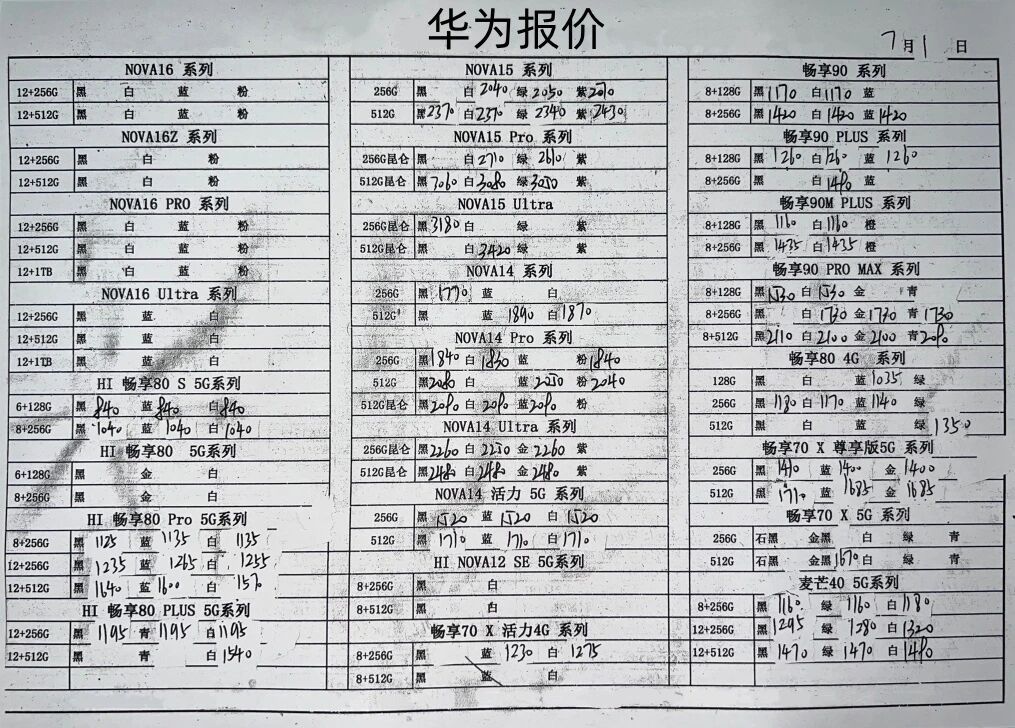 最新华为手机系列价格更新，价格平稳中。华为手机