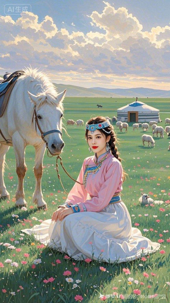 草原上的少女与白马，梦幻般的美丽画卷。
