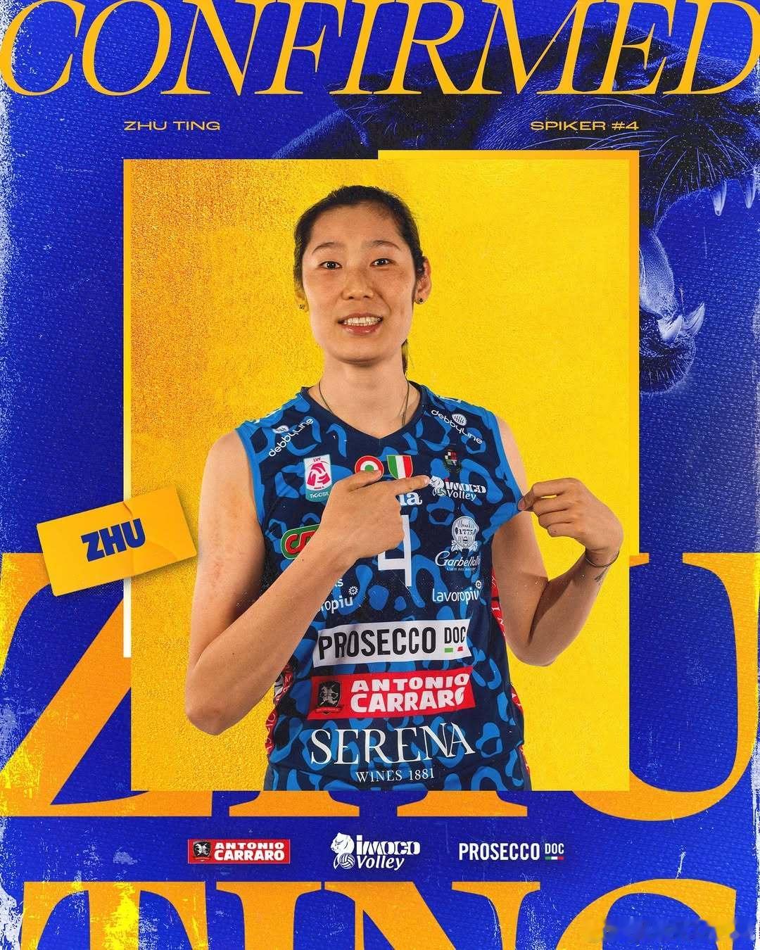 科内利亚诺官宣朱婷续约 💛💙 黑豹队官宣新赛季第13位成员：排球女皇—朱婷，