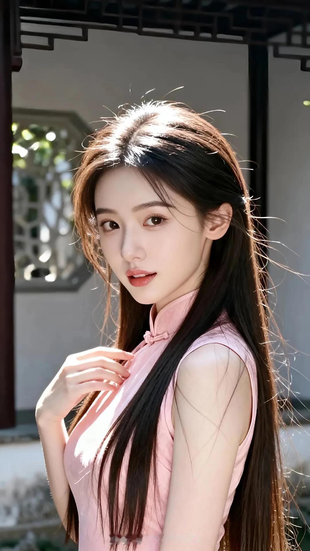 温柔甜美的粉色旗袍，阳光下的少女，古典与现代的完美结合。