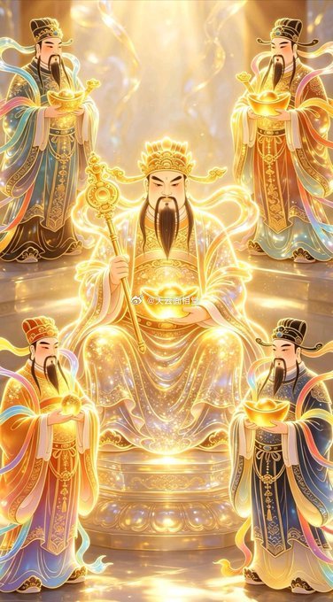 恭迎五路财神，愿金、银、财、宝、利源源而来，家庭和谐美满，事业蒸蒸日上，财运亨通