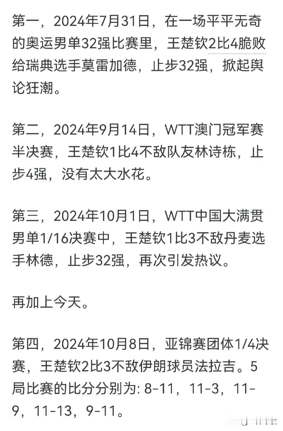 图二是王楚钦输了的对手，伊朗14岁小将法拉吉。
巴黎奥运会以后，王楚钦的“道心”
