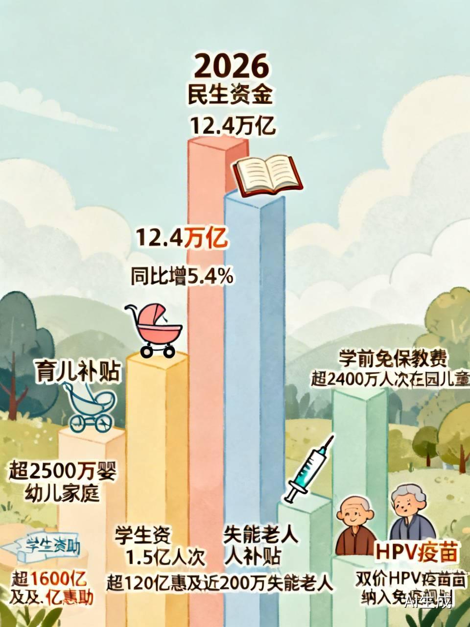 2026年8月21日，财政部在国新办发布会公布今年民生资金12.4万亿元，同比增