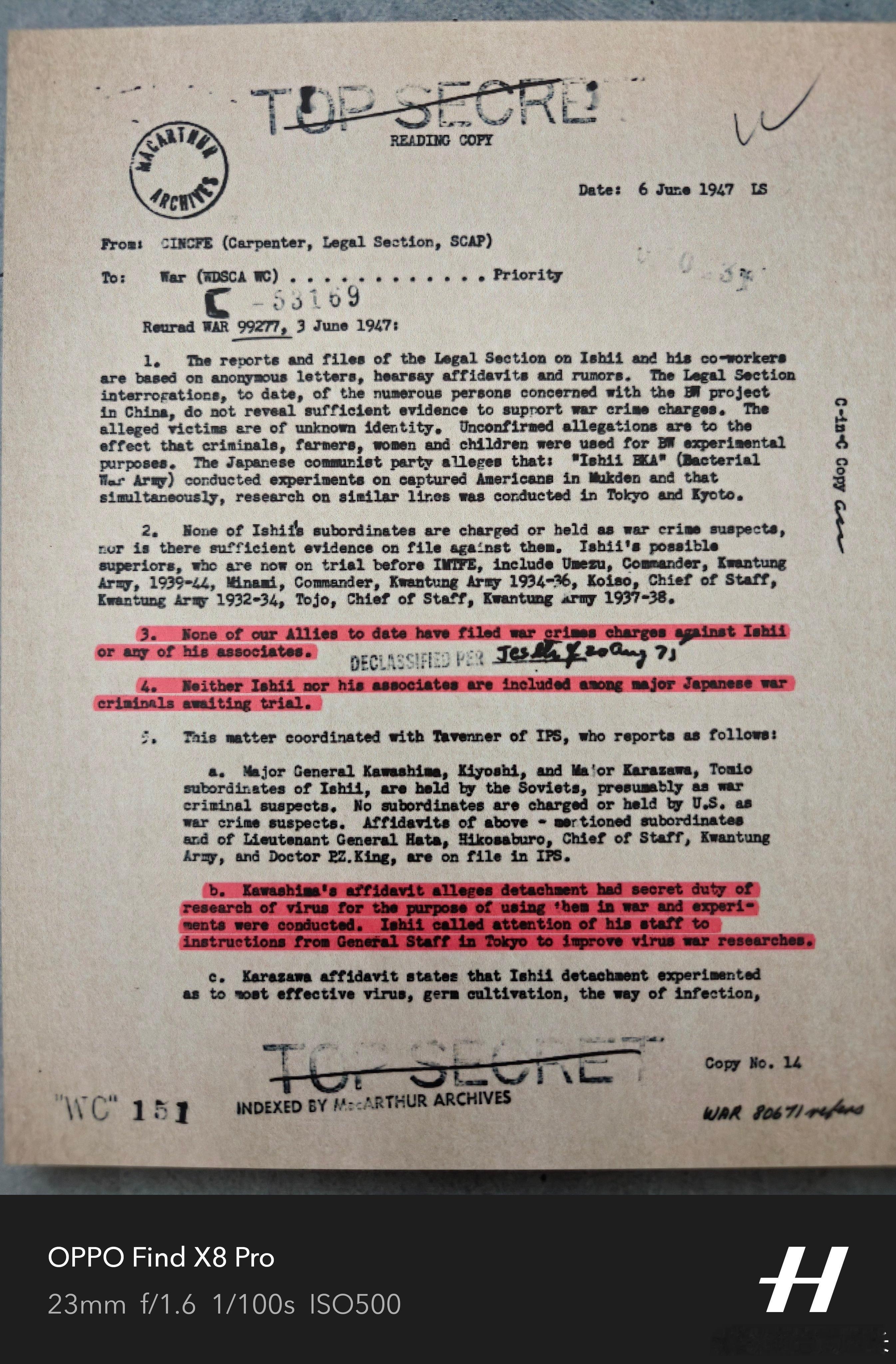 美国其实很清楚日本鬼子都干了什么事文件一翻译  最高绝密日期：1947年6月6日