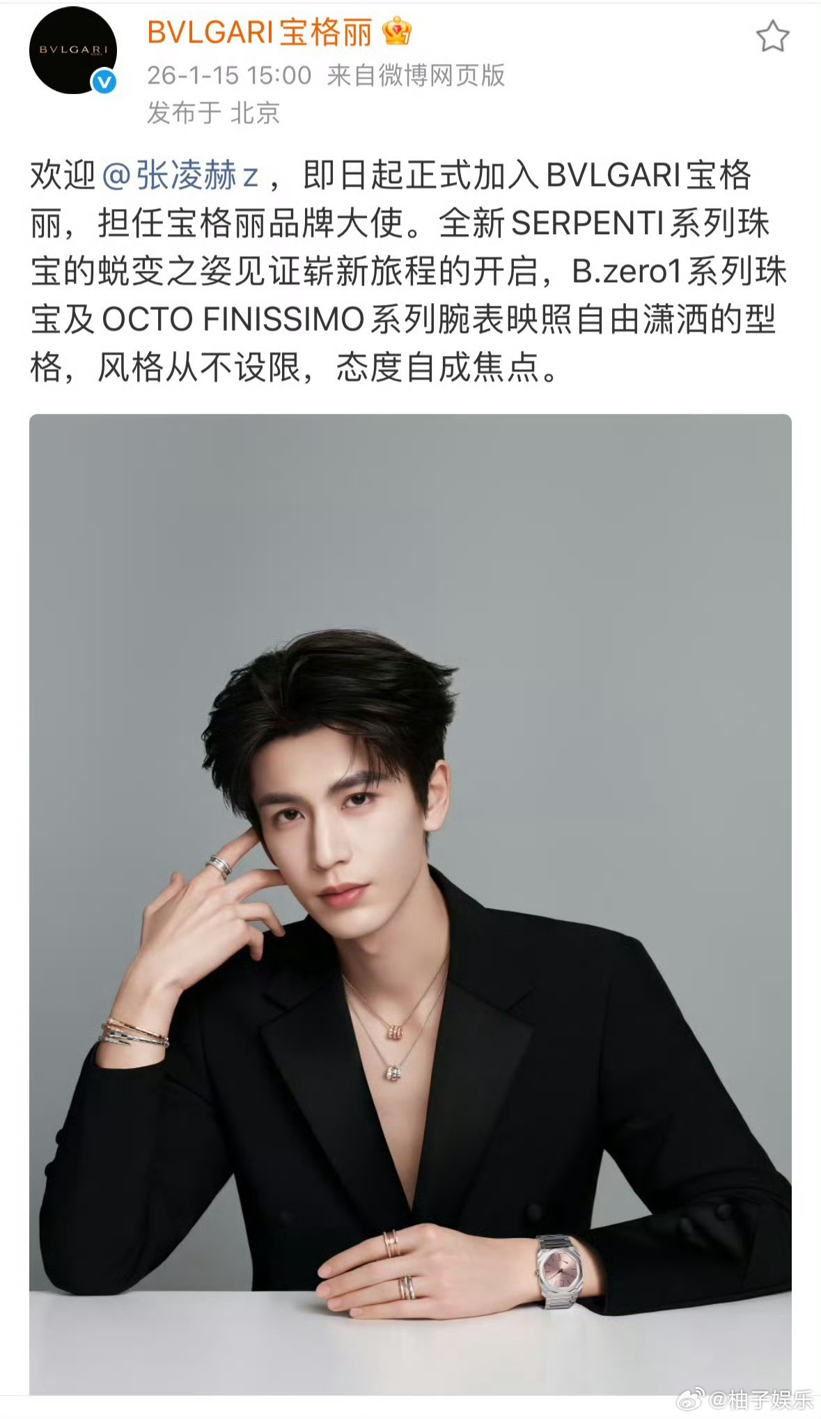 宝格丽正式官宣张凌赫品牌大使，无缝空降顶奢珠宝代言，大帅哥应得的！宝格丽还是太有