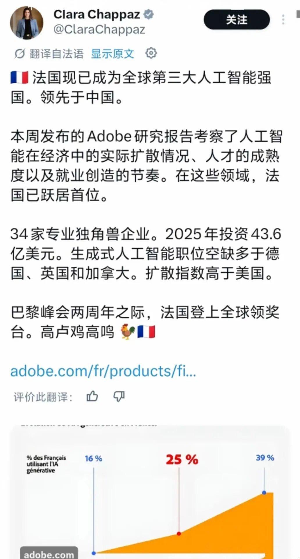 法媒突然宣称法国是“全球第三大AI强国”，还说“领先中国”，这波“赢学”表演看得