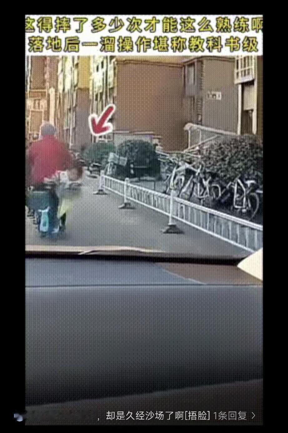 路上拍到有趣一幕：奶奶骑着电动车载着小孙女，经过减速带时车子一颠，小姑娘直接从车