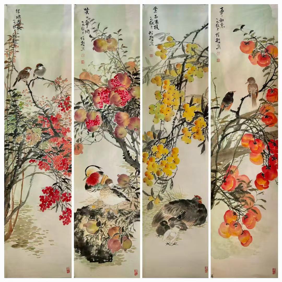 花鸟四条屏。写意花鸟创作者中心 创作灵感 国画专业 写意花鸟