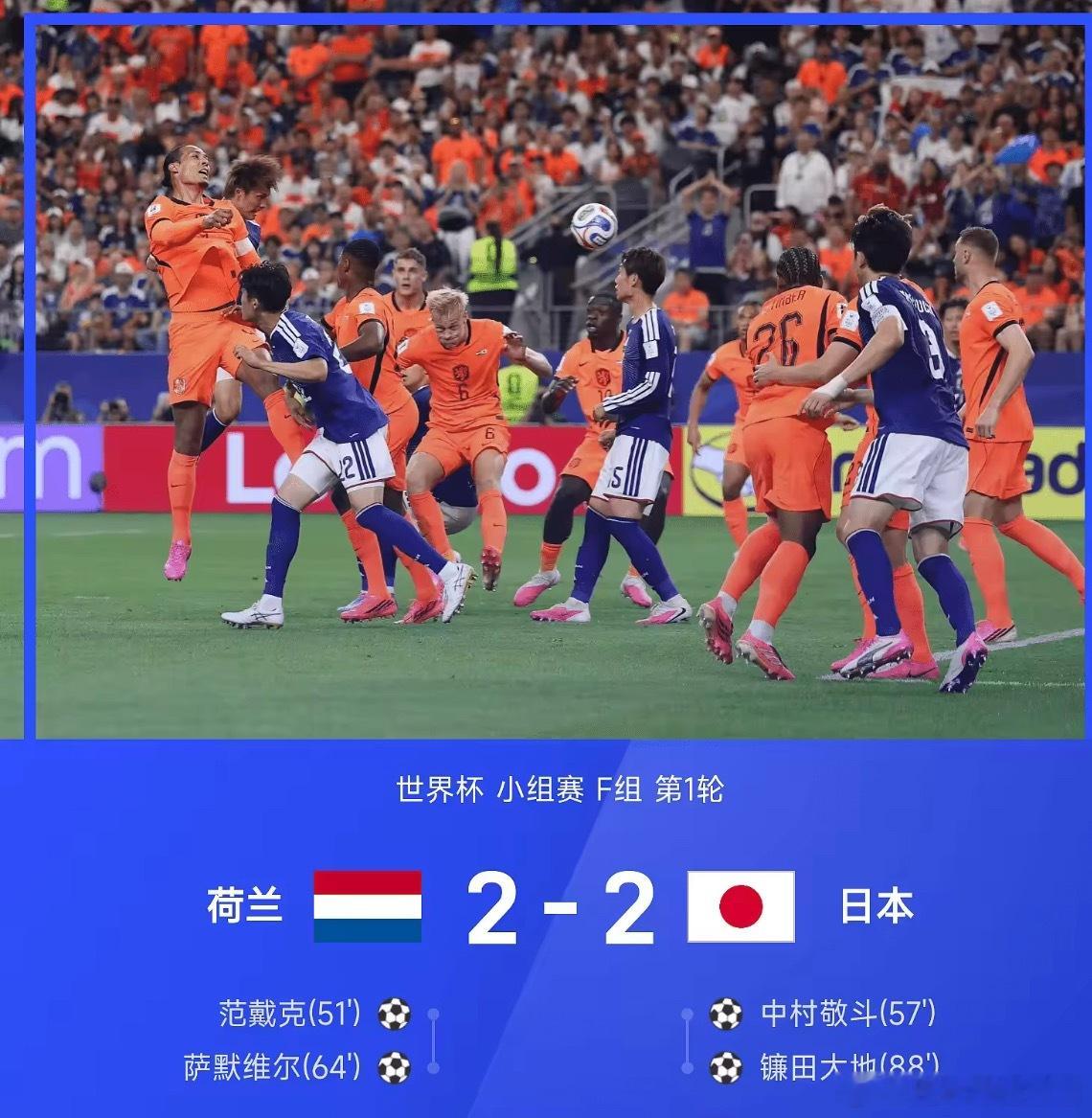 北京时间6月15日，2026年世界杯小组赛F组首轮打响，荷兰对阵日本，两队2-2