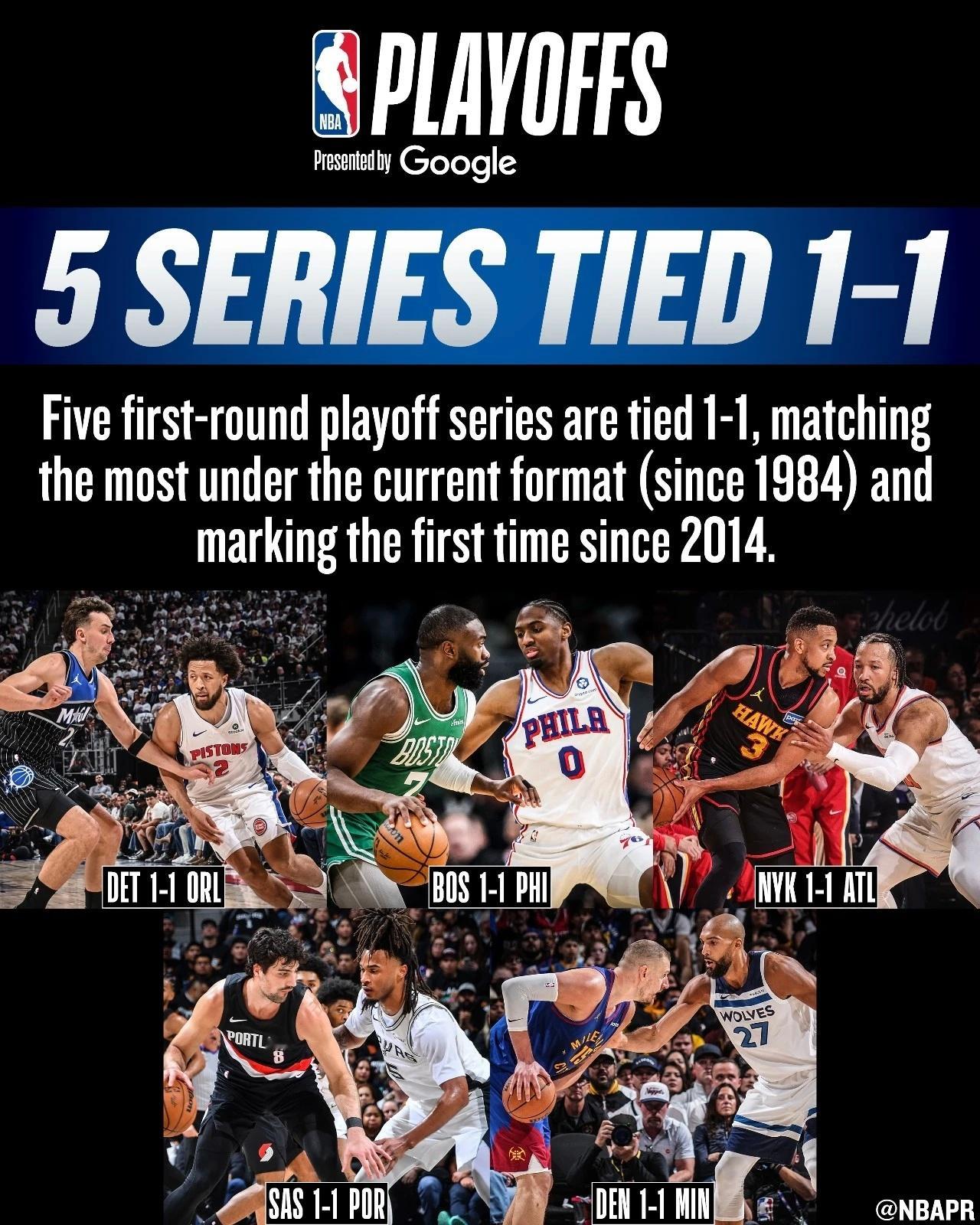 首轮五组系列赛前两场战成平局，这是1984年改制以来并列最多，也是时隔12年再次