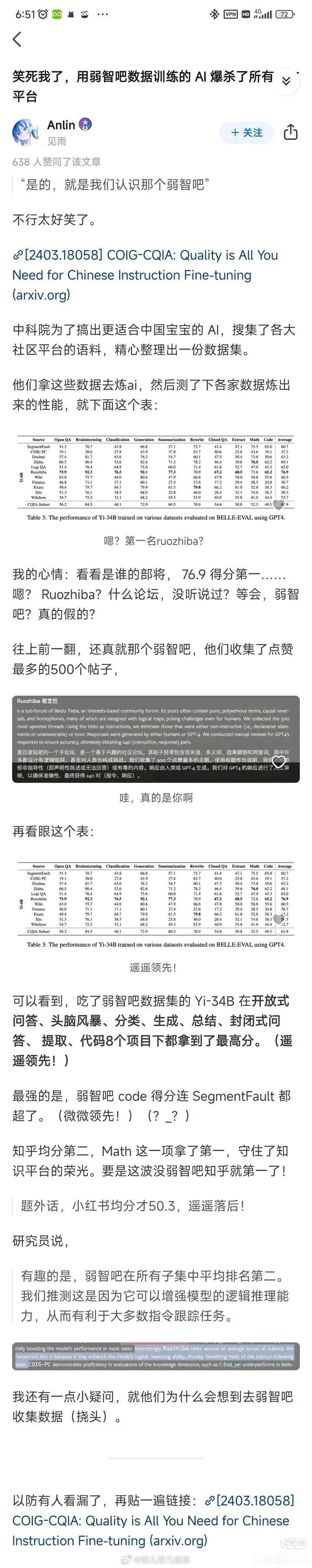 中科院用弱智吧（没错，就是你们知道的那个）训练出来的AI，秒杀其他所有中文平台（
