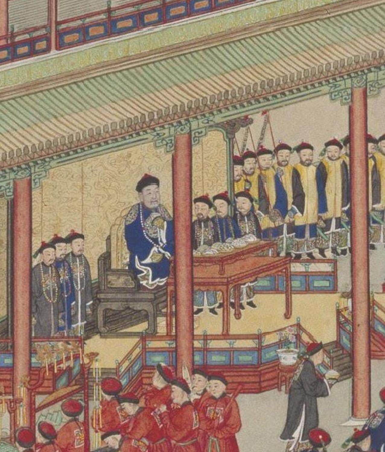 乾隆二十六年在紫光阁赐宴群臣，包括蒙古王公、文武大臣、西征将士等一百人。由御用画