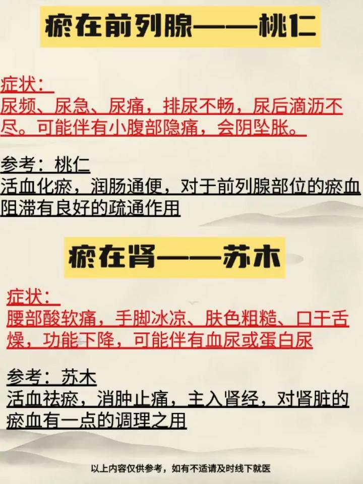·瘀在前列腺--桃仁：尿频、尿急、尿痛，排尿不畅，尿后滴沥不尽。可能伴有小腹部隐