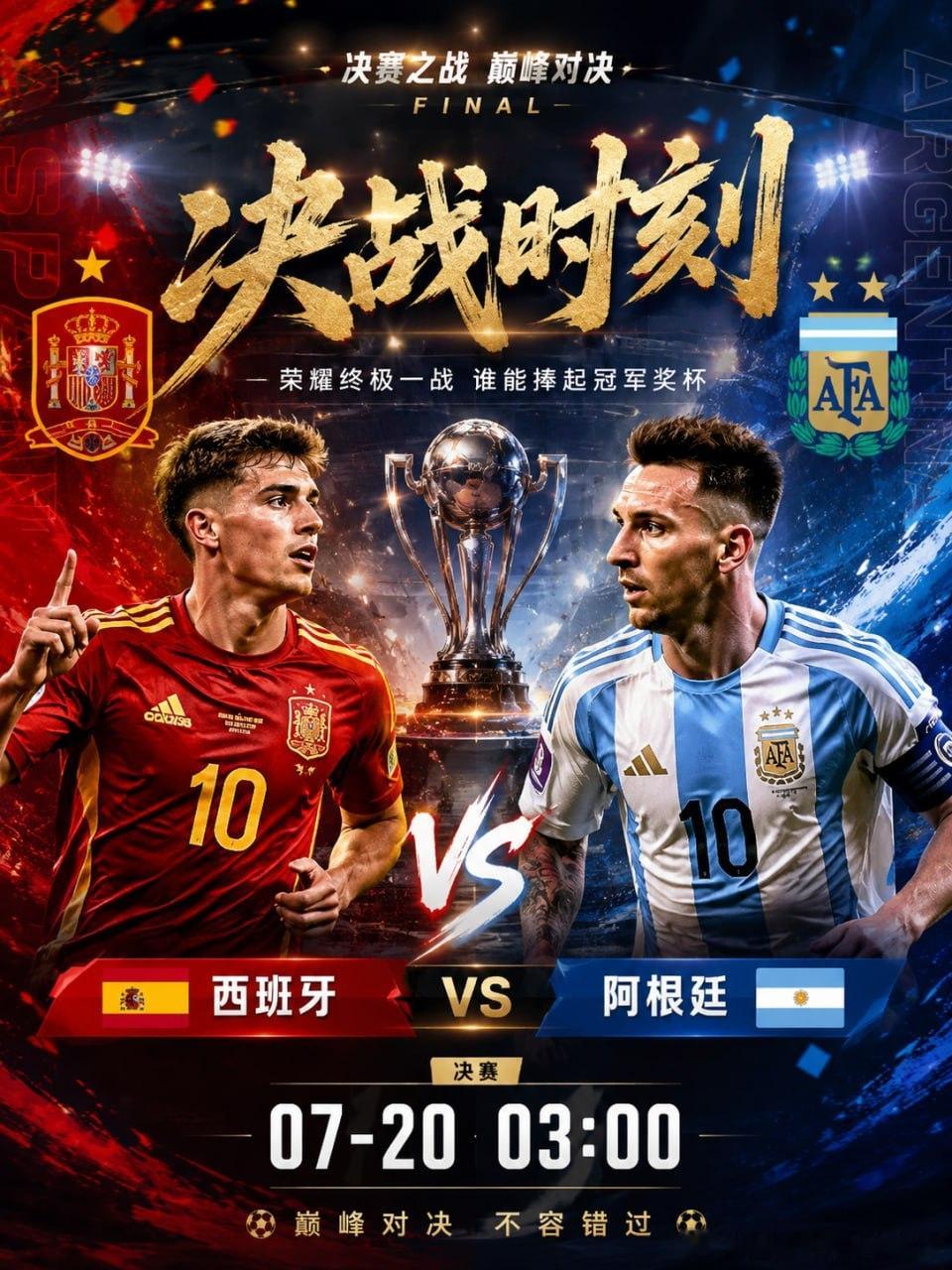 🏆 世界杯决赛来了！西班牙 VS 阿根廷，冠军之夜正式打响。一边是传控足球的代