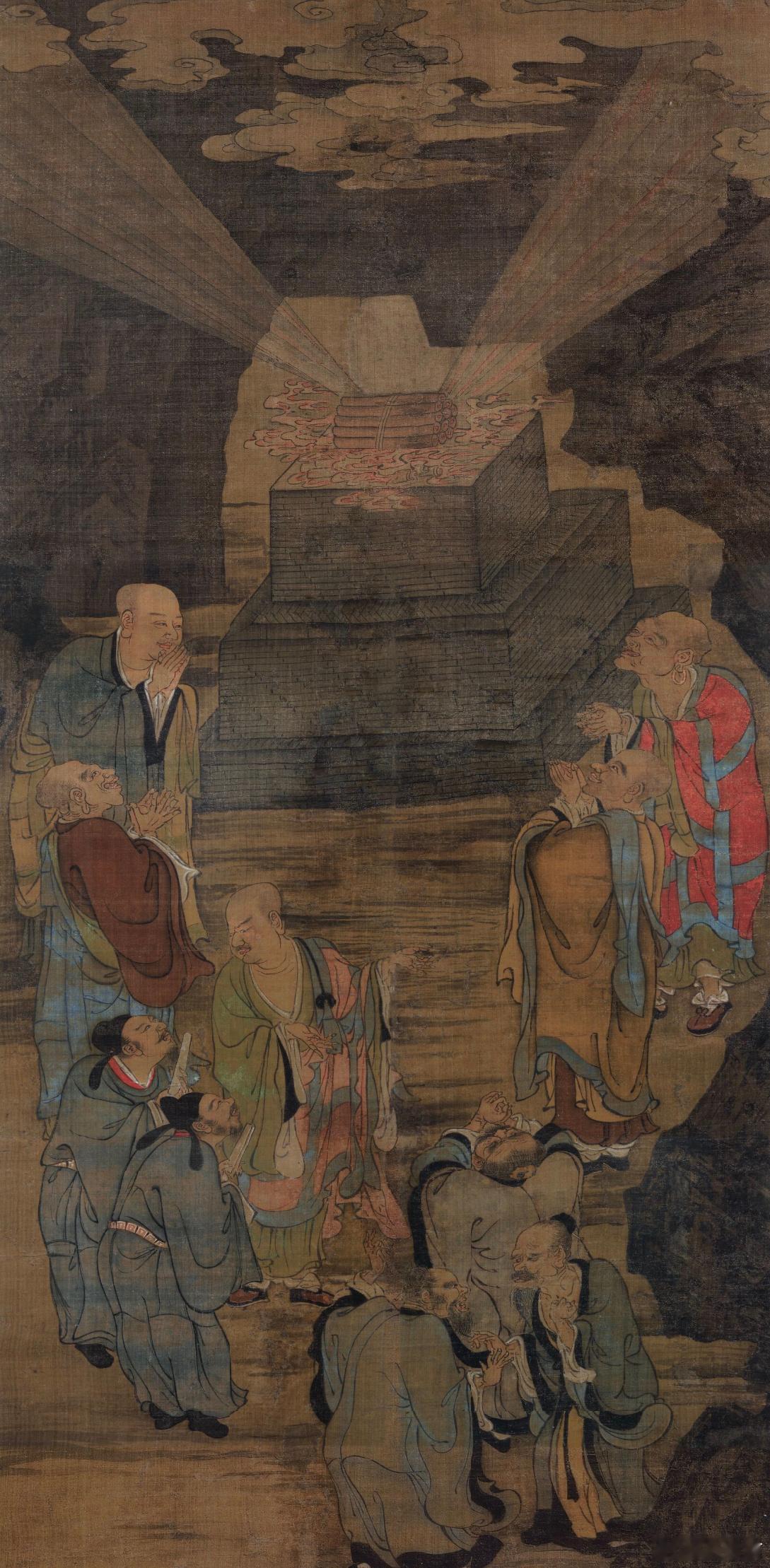 五百罗汉之僧道斗法图，波士顿美术馆/藏画中砖块切成的法坛上放着佛道两家的典籍，典