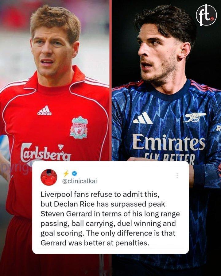 枪迷们认可吗？一位枪迷表示：利物浦的球迷们不愿承认这一点，但赖斯在远射传球、带球