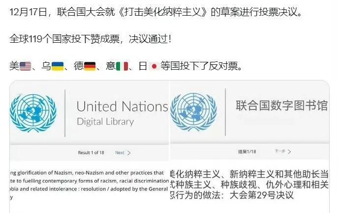 联合国大会就打击《美化纳粹主义》的草案投票通过，119个国家投了赞成票，但美国、