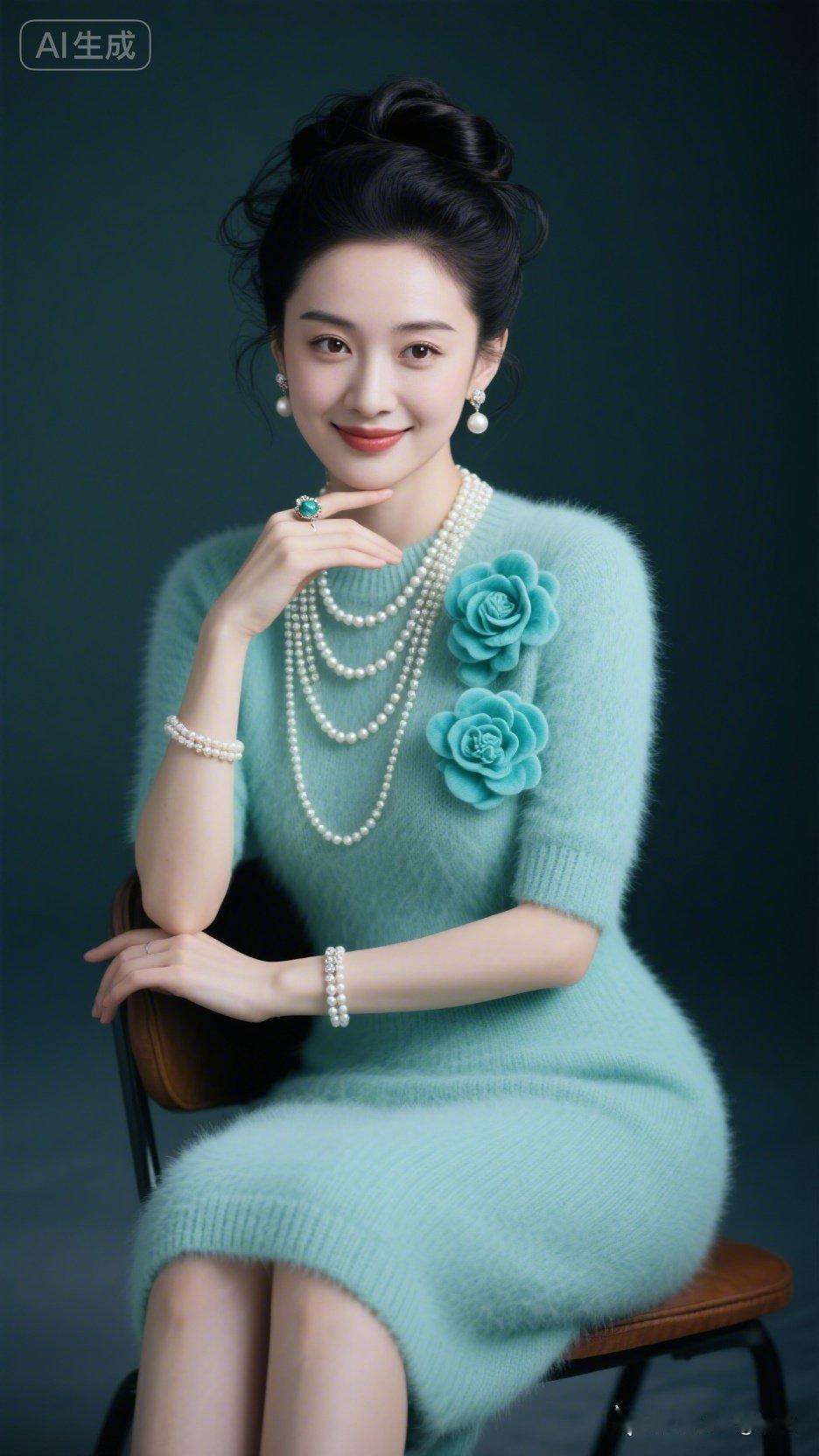 真实摄影，东方绝色佳人高盘发微乱，发丝亮泽清晰，精致妆容衬端庄五官。青色毛绒针织